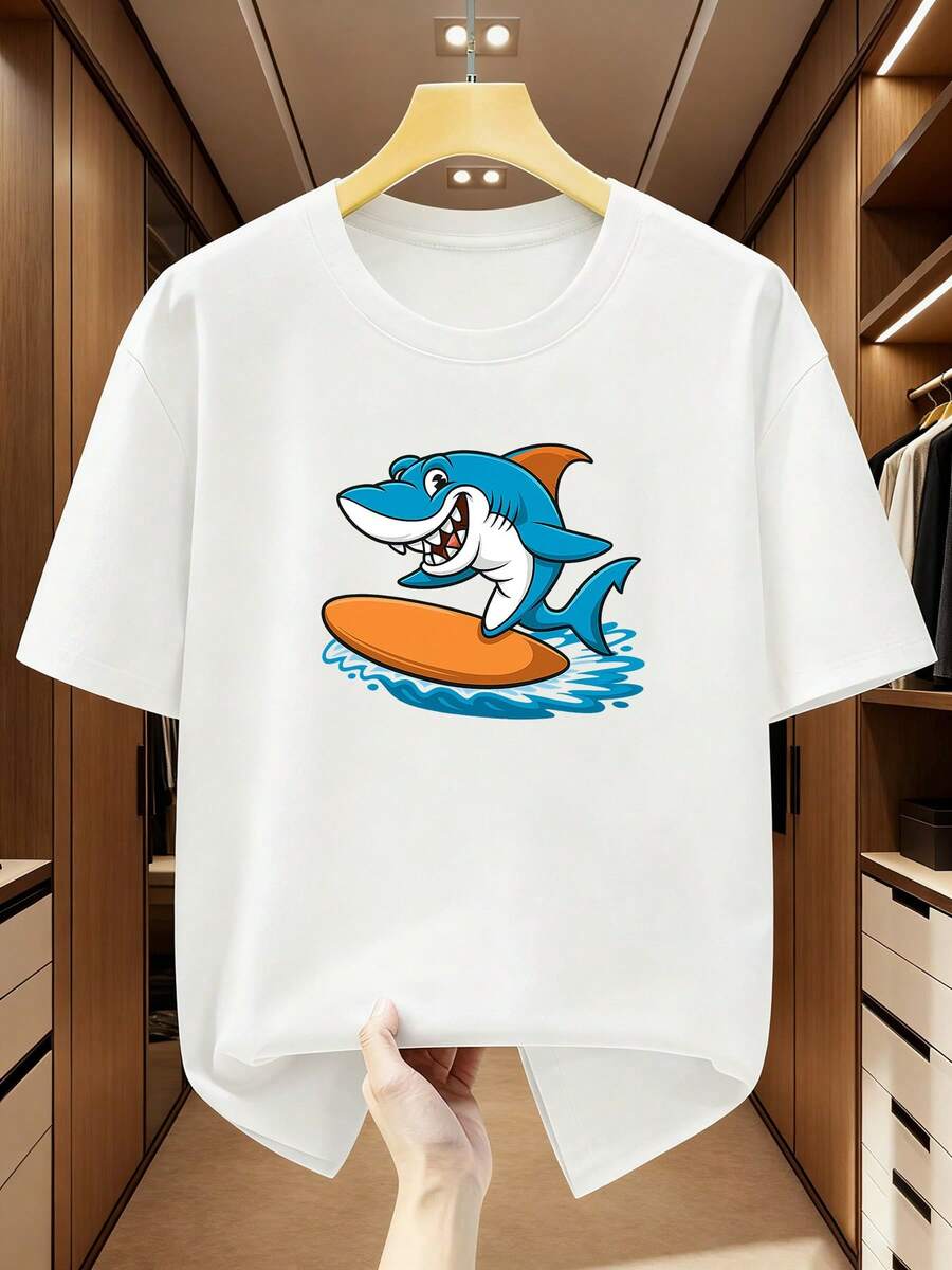Men's 100% Cotton T-Shirt, Plus Size, With Surfing Shark Print - Short Sleeve, Crew Neck, Casual Summer Beachwear, And Shark Tee (Machine Washable) - Surf Enthusiast Clothing, PLUS SIZE - 白色 - 查看 1