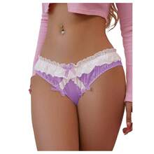 Women's Satin Bow Panty Lace Trim Low Rise Cute Bikini Underwear Silky Panty Brief - 紫色 - 查看 1