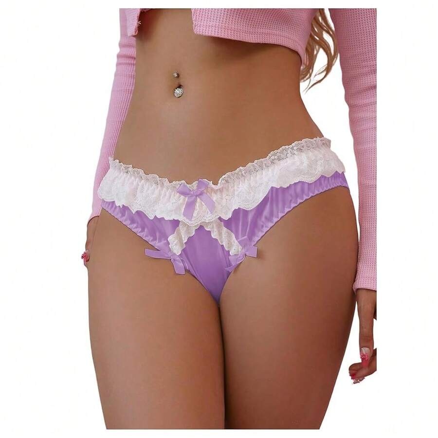 Women's Satin Bow Panty Lace Trim Low Rise Cute Bikini Underwear Silky Panty Brief - 紫色 - 查看 1