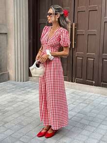 Vestido midi de corte evasé con cuello en V, mangas con volantes y cintura ceñida con estampado de cuadros para mujer - Multicolor - Ver 4