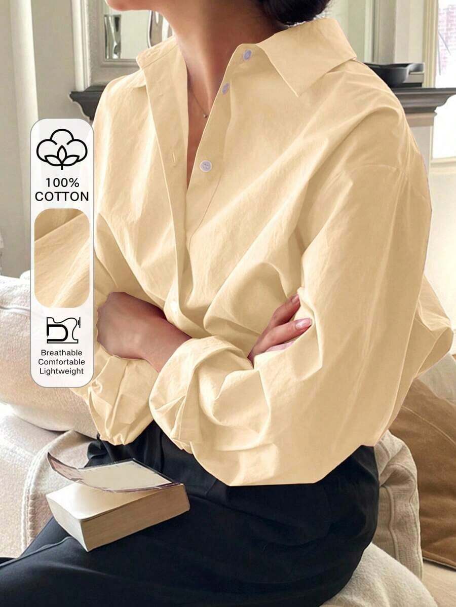 Camisa holgada de mujer de unicolor, de manga larga y de abotonadura sencilla - Amarillo - Ver 1