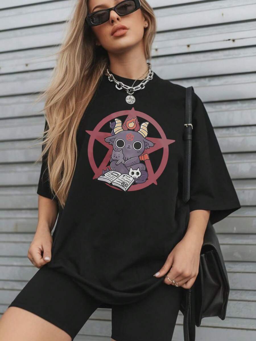 1 Piece 180g Women's Cotton Shirt, Oversized Short Sleeve Round Neck With Print For Daily And Street Wear, Designed By Y2K Artists In The Bababask Style - 黑色3 - 查看 1