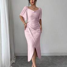 Women's Metal Buckle Color Block Ruffle Collar Petal Sleeve Fitted Elegant Dress, Spring/Summer Dress With Metal Buckle Pink Midi Dress - Morado - Ver 9