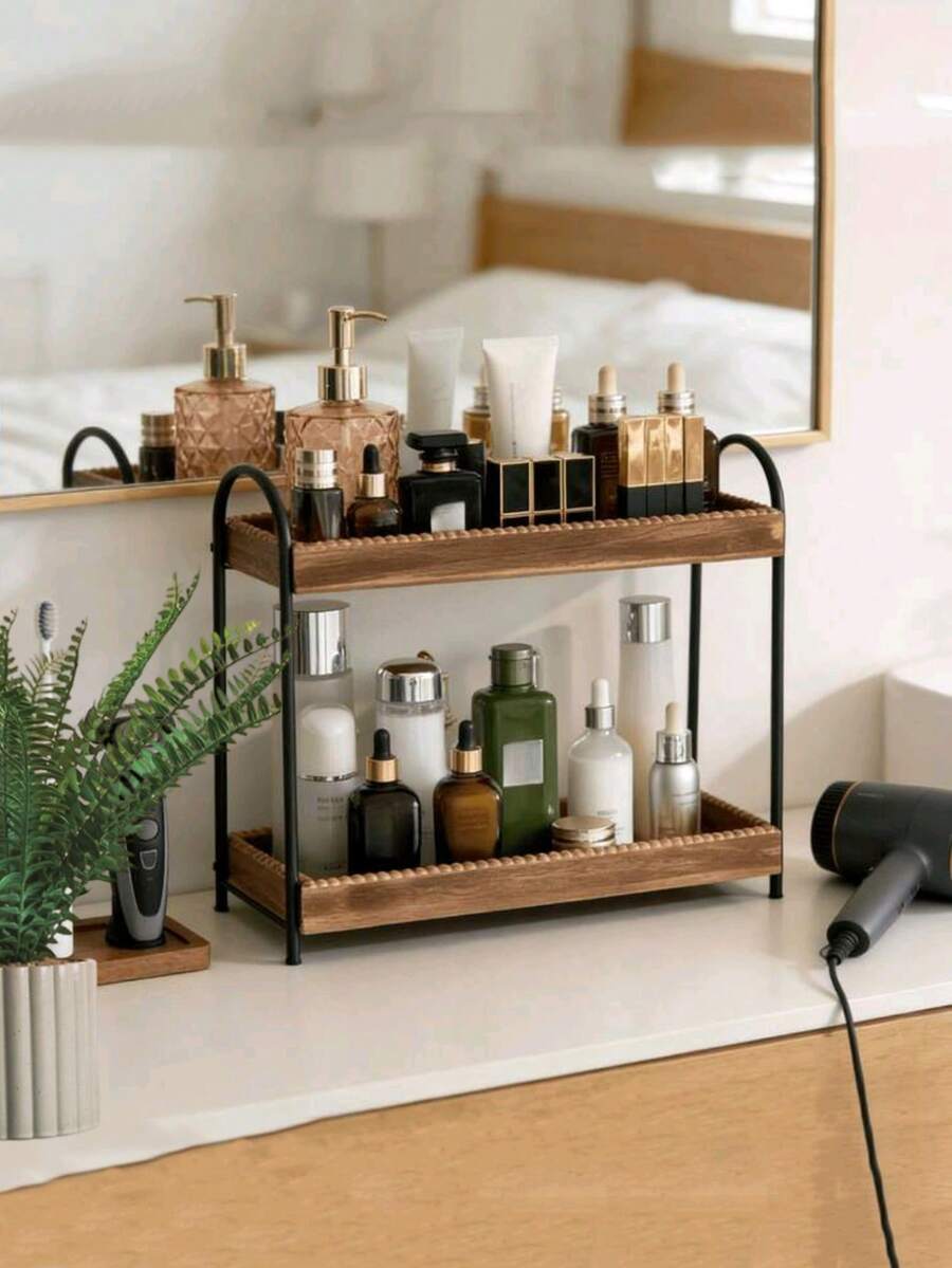 1 chiếc kệ gỗ hai tầng đựng phụ kiện quầy cà phê, kệ để bàn khung kim loại, khay trang điểm đa năng cho phòng tắm, kệ đựng đồ dùng nhà bếp, kệ trang trí nhà kiểu retro.