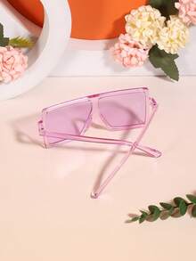 1 pieza Gafas de moda cuadradas transparentes rosas para niños y niñas de 5 a 9 años, con marco de plástico y lentes completamente teñidos de rosa, estilo de moda Y2K, para uso diario y vacaciones de verano en la playa con estuche - Multicolor - Ver 6
