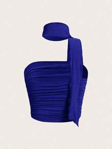 Parte superior de punto fruncida de unicolor + Gargantilla, Primavera/Verano, Parte superior elegante, Parte superior para salir, Playa, Campo, Parte superior casual, Elegante, Ropa de cumpleaños, Parte superior estilo bohemio, Parte superior f - azul real - Ver 2