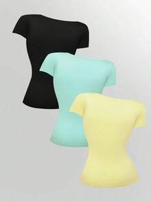 3 piezas Camisetas de manga corta casuales y versátiles de unicolor con pliegues para mujer - Multicolor 2 - Ver 2