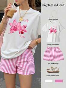 Conjunto de top de manga corta holgado con estampado floral y shorts a rayas para mujer, conjunto informal de verano de 2 piezas para mujer, traje de mujer, conjunto de verano para mujer, ropa de vacaciones, atuendo de viaje, estilo de playa, ropa de vacaciones minimalista - Blanco - Ver 1
