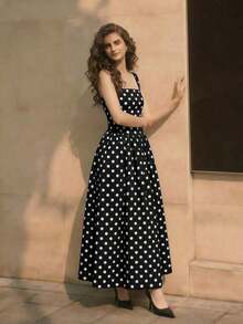 Vestido casual y elegante de mujer con cuello cuadrado sin mangas, a lunares en blanco y negro, silueta ajustada, adecuado para el trabajo o citas, falda larga en línea A, apropiado para verano y primavera, vestido elegante para fiestas, ropa exterior, vestido de vacaciones, vestido a lunares - Negro - Ver 4