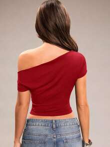 Camiseta corta ajustada con cuello asimétrico y fruncido, de unicolor, informal, para verano - Rojo - Ver 2