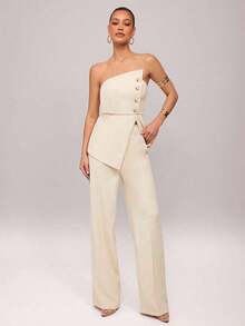 Set de 2 piezas: Top con diseño de aro asimétrico con decoración metálica + Pantalones de pierna recta, Uso elegante diario, Atuendo de oficina, Boda, Vacaciones, Cita, Fiesta, Ceremonia de graduación - Beis - Ver 7