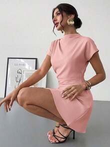 Vestido mini de línea A con cintura fruncida de unicolor, estilo de oficina para el verano - Rosa vieja - Ver 6