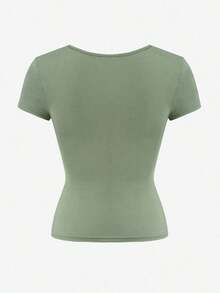 Camiseta de manga corta ajustada y sexy con cuello cuadrado de punto de unicolor para mujer Vaiaye, top de activewear para primavera/verano, adecuado para el Día de San Valentín en color rojo casual - frijol verde - Ver 4