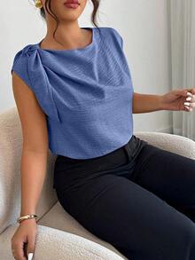 Camisa sin mangas de lino y algodón en beige con lazos en los hombros: informal para vacaciones, elegante para usar en la calle, adecuada para la oficina - Blusa talla grande para primavera y verano - Niebla azul - Ver 4
