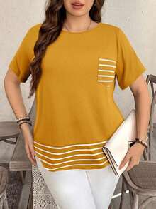 Camiseta casual de talla grande con bolsillo y rayas de contraste, prenda de vestir occidental estilo boho bohemio, top de festival de los 90, verano y primavera - Amarillo - Ver 4
