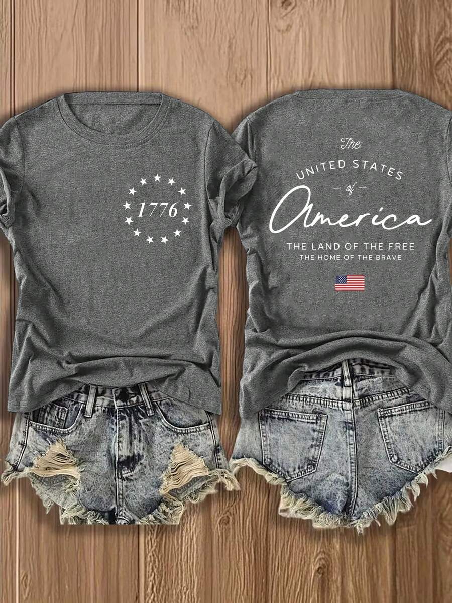 Camiseta de manga corta con cuello redondo para mujer, estilo europeo y americano, ligera y transpirable, con un diseño de inspiración estadounidense que presenta los motivos de 1776 y la bandera nacional, adecuada para uso casual en otoño, una blusa estampada a la moda y cómoda, versátil y de estilo urbano - Transpirable y agradable para la piel. - Gris - Ver 1