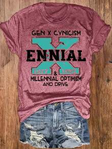 Women's Crew Neck T-Shirt With Fun Letter Print, Casual Short Sleeve Top, Women's Clothing - Breathable And Skin Friendly - 紅色 - 查看 3