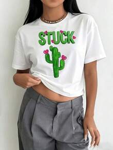 Camiseta con estampado gráfico que presenta un diseño de cactus para el Día de San Valentín, top casual de cuello redondo de manga corta adecuado para verano y primavera, para mujer - Blanco - Ver 2