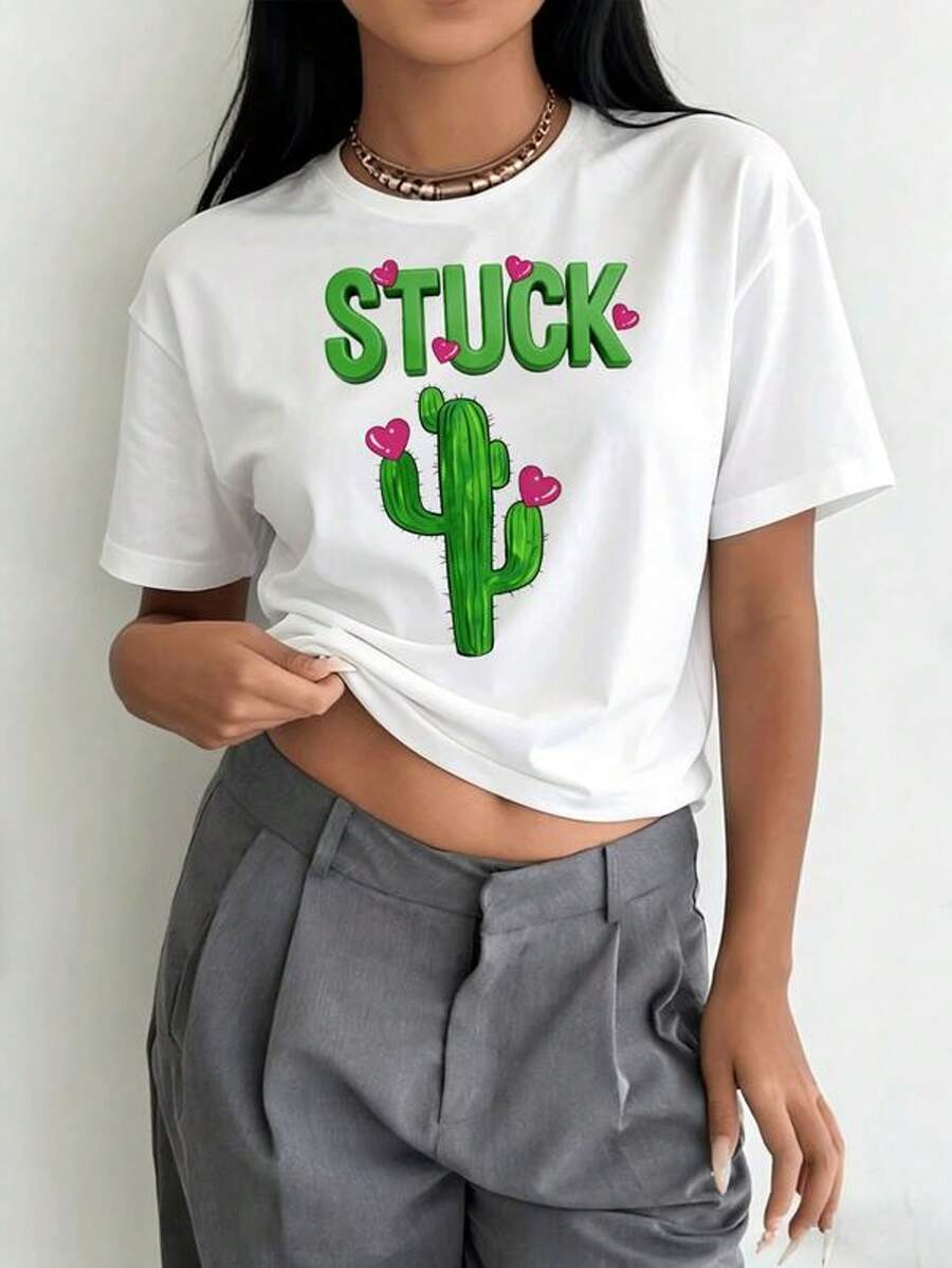 Camiseta con estampado gráfico que presenta un diseño de cactus para el Día de San Valentín, top casual de cuello redondo de manga corta adecuado para verano y primavera, para mujer