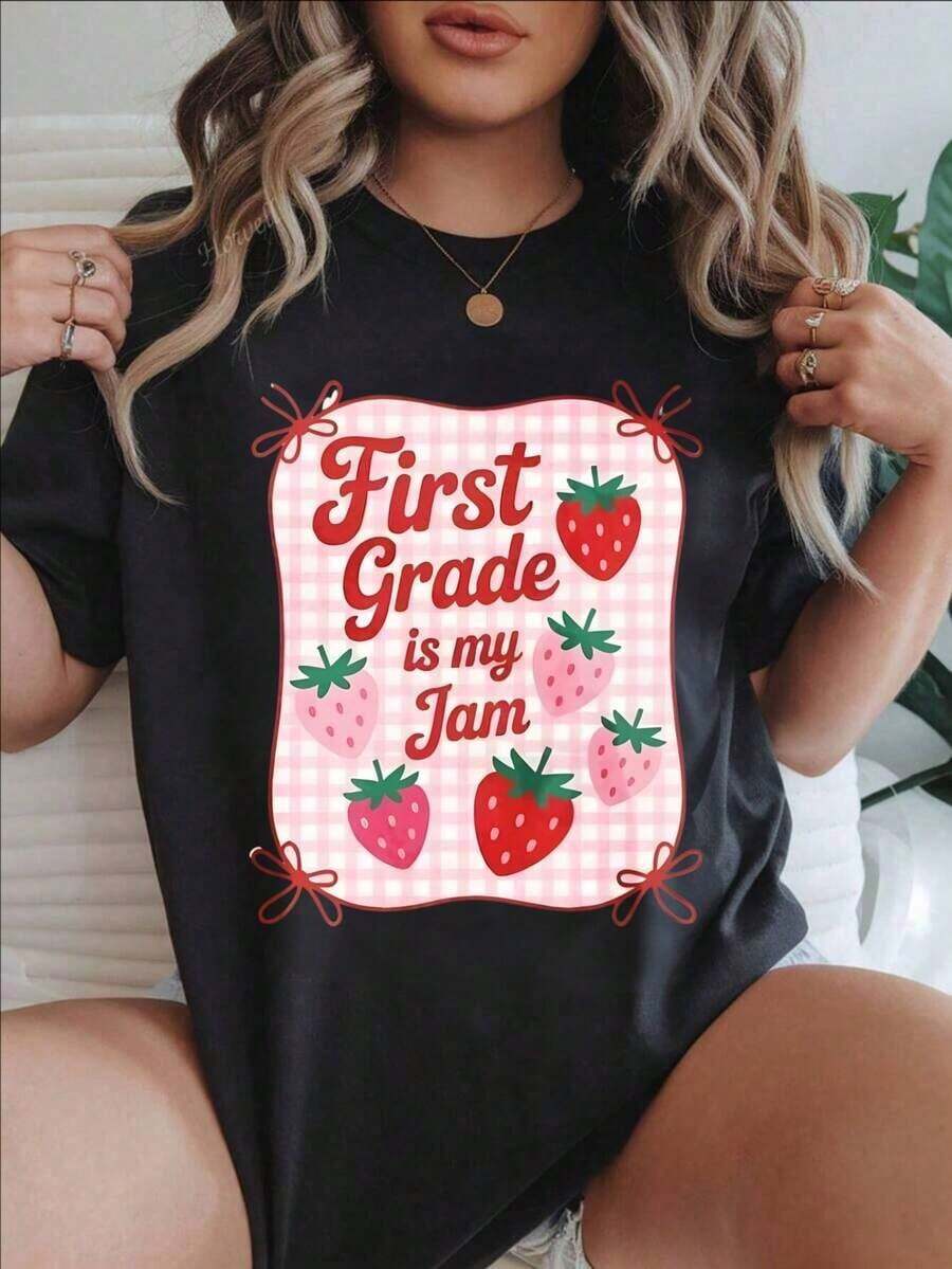Women's Casual Short Sleeve T-Shirt - Summer Crew Neck T-Shirt With "First Grade Is My Jam" Strawberry Print, Machine Washable, Ladies' T-Shirts, Casual Wear, Modern Style, Comfortable Fit

-White - 黑色 - 查看 1