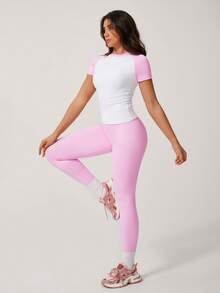 NcmRyu Women's Color Block Elastic Crew Neck Short Sleeve Top And Pants Sports Suit, 1 Set - Pink - View 7