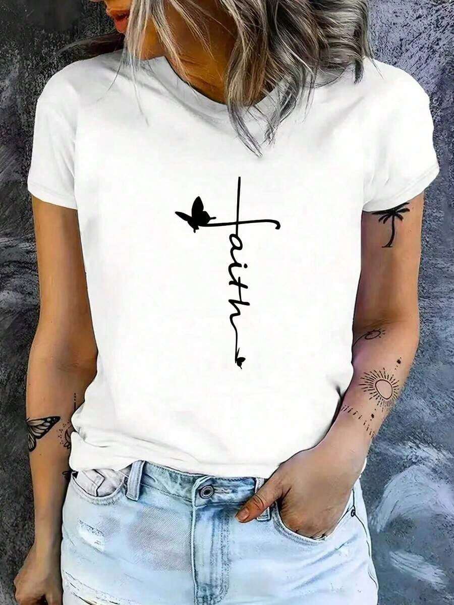 Women's Short-Sleeved Cotton T-Shirt With A Printed, Casual, And Fitted Design, Featuring A Beautiful Faith Logo Print. Soft And Comfortable, It's Perfect For Everyday Wear And A Versatile Piece. This Women's Short-Sleeved T-Shirt Is A Wardrobe Staple That Goes With Everything, Suitable For Both Indoor And Outdoor Wear. - 白色 - 查看 1