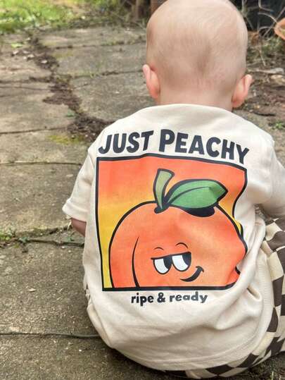 1件幼儿男女童夏季趣味桃子“JUST PEACHY”印花短袖T恤，休闲圆领T恤，婴儿“Ripe & Ready”字母图案日常穿着，可爱美食爱好者风格夏季套装