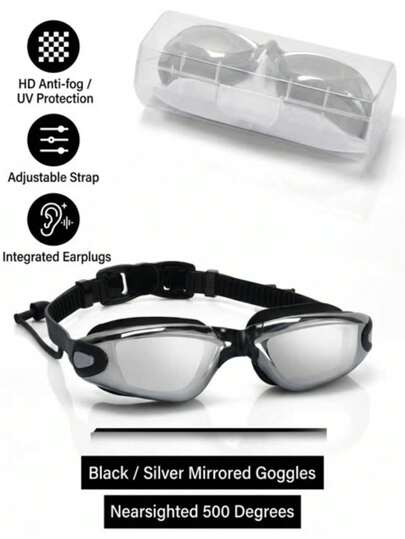 Fashion Electroplated Swimming Goggles With Free Protective Case, Anti-Fog & UV Protection, Myopia Lens Compatible, Waterproof Silicone Material With Integrated Ear Plugs, Wide Vision Adjustable Strap, Unisex Adult For Swimming & Water Sports