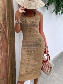 Vestido de punto con lazo en la cintura, casual de vacaciones, primavera/verano, unicolor, cuello redondo, sin mangas, con abertura, corto, ajustado, de vuelta al colegio, otoño, vestimenta digna para mujeres, vestido largo de fiesta de otoño para la playa - Camel - Ver 5