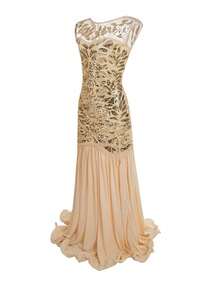 Women's Long Party Dress With V-Neck, Sequin And Lace Embroidery On The Top, Flowing Chiffon Skirt, Various Colors (Green, Black, Red, Champagne), Ideal For Banquets And Formal Events. - 杏色 - 查看 6