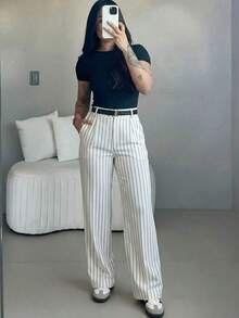 anchos de cintura alta y ajuste delgado para mujer, estilo callejero bohemio, adecuados para uso casual, ir al trabajo y vacaciones en primavera/verano en color blanco - Blanco 2 - Ver 6