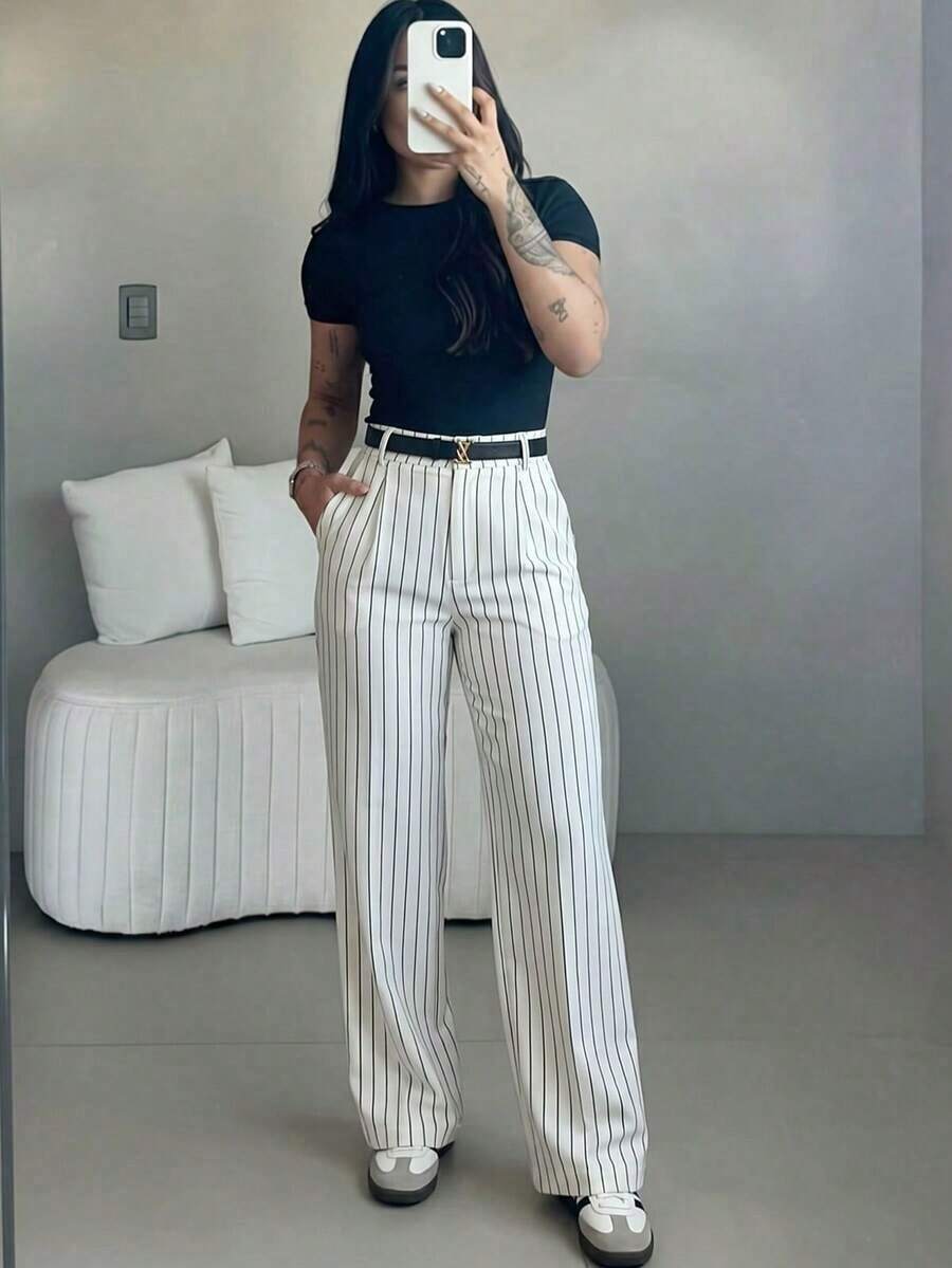 High-Waisted Wide-Leg Trousers With White Stripes, Bohemian Street Style, Suitable For Casual Wear And Going To Work In Spring/Summer (Belt Not Included) - Bronze - View 1