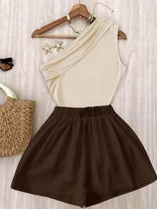 Conjunto de top plisado de hombro de color marrón sólido y elástico para uso casual y pantalones blancos de cintura elástica - Multicolor 2 - Ver 2