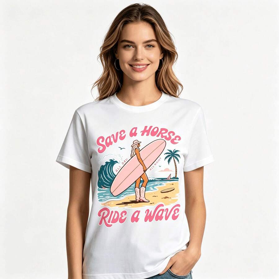 Tops para mujer Oversize Retro con Estampado Gráfico para Adolescentes - Diseño de Chica Surfista Save A Horse Ride A Wave - Top Casual para Verano, y Regreso a Clases - Blanco - Ver 1