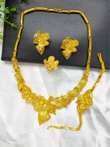 四件套镀金花卉首饰套装：项链、耳环、手链、戒指，中东、迪拜、沙特阿拉伯、欧洲、非洲风格，适合新娘、婚礼、派对、约会、母亲节、情人节、生日、婚礼季礼物，合金材质，送给妈妈、姐妹、女友的礼物 - 金黃色 - 查看 2