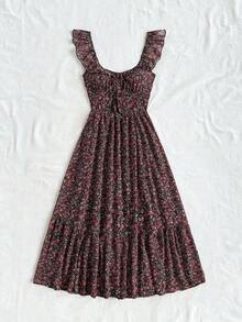 Vestido midi de línea A con cintura fruncida y escote en V, estilo vacacional para mujer.Vestido de línea A con volantes en las mangas tipo campana, de gasa, vestido de verano, adecuado para uso en bodas románticas y almuerzos - Multicolor 2 - Ver 9