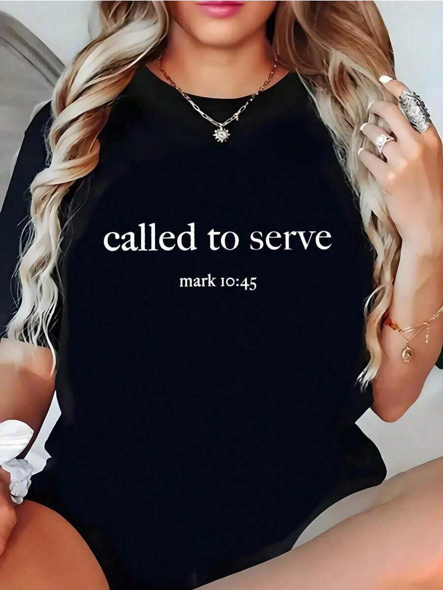 "Called To Serve" T-Shirt, "Lover Of God" T-Shirt, Women's Casual Short-Sleeve Crew Neck Cotton T-Shirt, Streetwear, Suitable For All Seasons. Loose-Fitting, Casual, And Versatile Y2K Style T-Shirt. - 黑色 - 查看 1