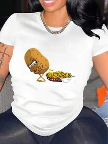 Camiseta deportiva casual sencilla para mujer con estampado creativo de patatas fritas, cuello redondo y manga corta, top cómodo de verano para mujer - Tela ligera y suave. - Negro - Ver 6