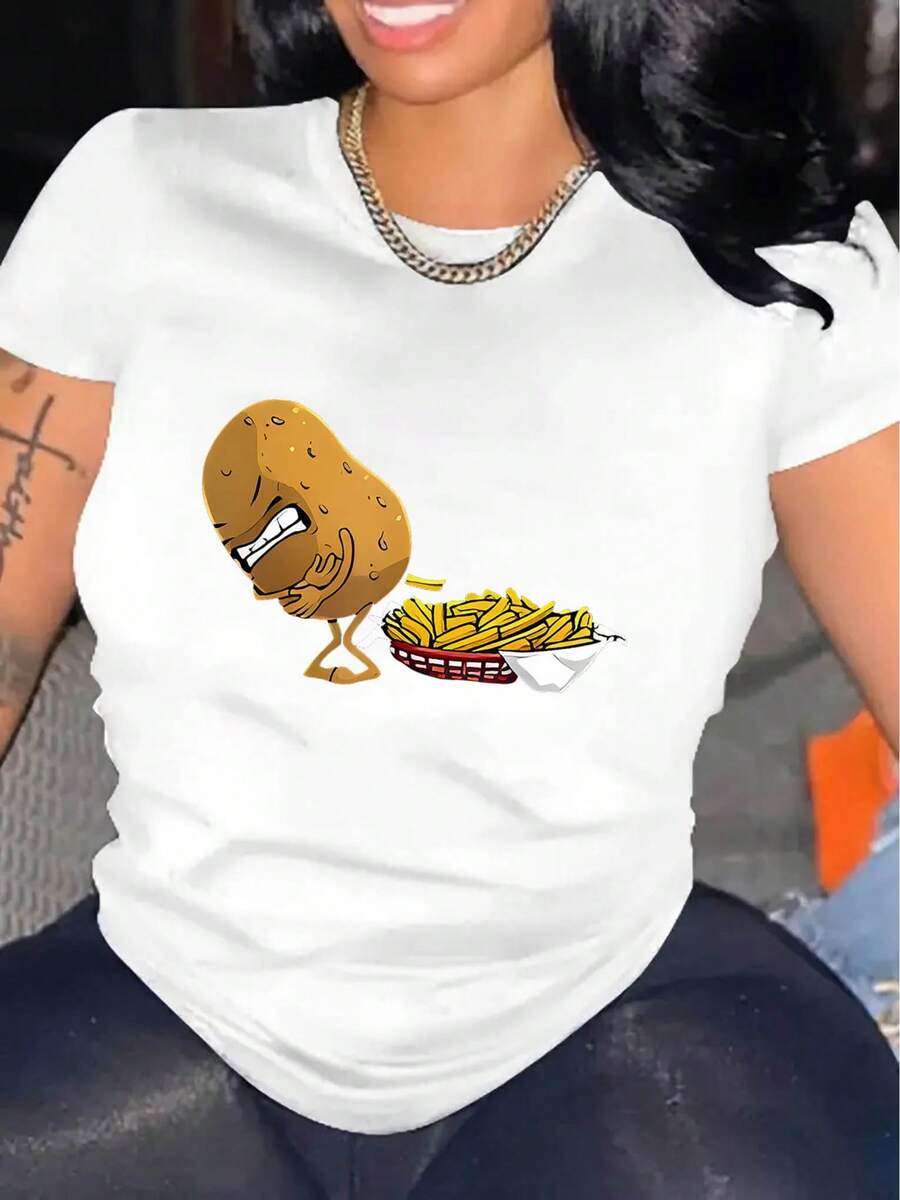 Camiseta deportiva casual sencilla para mujer con estampado creativo de patatas fritas, cuello redondo y manga corta, top cómodo de verano para mujer - Tela ligera y suave. - Blanco - Ver 1