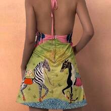 New Arrival Women's Fashion Elegant Casual Holiday Lawn Tree Sun Animal Print Sleeveless Mini Dress, Spring/Summer Party - Albaricoque - Ver 5
