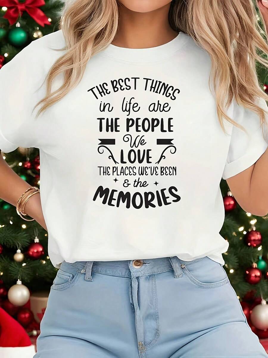 Camiseta moderna y minimalista para mujer, con un romántico estampado en forma de corazón y la impresión "Recuerdo de Amor (pasado y presente)", camiseta blanca de manga corta estampada, estilo casual, diseño a la moda, versátil para el uso diario, estilo moderno, informal para el día a día. - Blanco - Ver 1