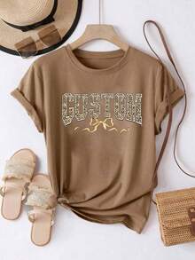 Women's Oversized Brown Summer T-Shirt With Leopard Print "Mom Daughter Team" - Loose Fit Youth T-Shirt With Leopard Print Design, Flirty Style To Pair With Jeans Or Leggings - YH480-棕色 - 查看 2