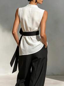 Nuevo 2026 Conjunto Dos Piezas Mujer Color Sólido Top Sin Mangas Tencel Lino con Lazo y Pantalones Pierna Ancha - Blanco - Ver 2