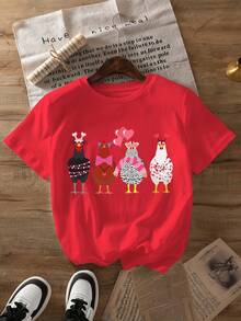 Camiseta de Mujer con Estampado de Pollitos para el Día de San Valentín - 4 Lindos Diseños de Corazones y Pollitos de Dibujos Animados, Manga Corta, Cuello Redondo, Estilo Casual, Camiseta Lavable a Máquina para Primavera/Verano, Diseño Bonito, Corte Regularropa de calor mujer - Rojo - Ver 7