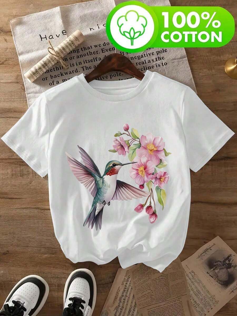 Camiseta de mujer de primavera y verano con estampado de colibrí y diseño floral, 100% moderna, elegante camiseta de una pieza para fiestas, regalo gratuito hoy, artículos que recientemente compré. . . Pedidos que aún no se han enviado, Qqq, Promoción de ropa de mujer, 9073 - blanco - Ver 1