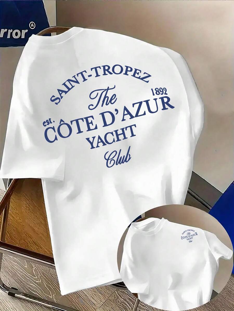 Women's T-Shirts, Summer Tops, Fashion Men's T-Shirts With "Saint-Tropez" Print - Simple And Casual Short-Sleeved T-Shirt With Round Neck, Machine Washable Summer Clothing, Suitable For Wearing All Summer, Ideal For Daily Leisure, At Home Or Outdoors, Cotton T-Shirt. - White - View 1