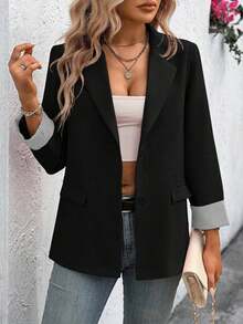 Clasi Chaqueta ligera de estilo casual de negocios para mujer, con cuello de solapa, apta para el lugar de trabajo, de unicolor, para primavera/otoño - Negro - Ver 3