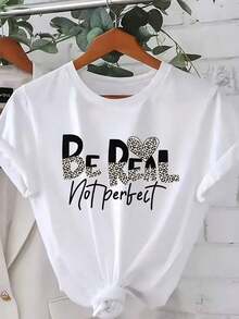 1 Pieza de Ropa Casual de Moda para Hombres y Mujeres, Camiseta Casual de Manga Corta con Cuello Redondo y Hombros Caídos para Mujer, Estampado de Leopardo "Be Real Not Perfect", Versátil, fácil de combinar, adecuada para uso diario, estilo urbano, ropa de vacaciones, ropa de fin de semana. - Blanco - Ver 2