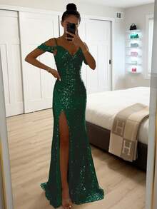 Vestido sin tirantes con lentejuelas corte abierto estilo casual para primavera y otoño - Verde Oscuro - Ver 2