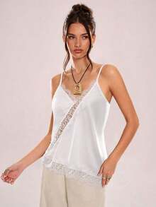 Camiseta de tirantes asimétrica con entramado de encaje transparente - Albaricoque - Ver 3